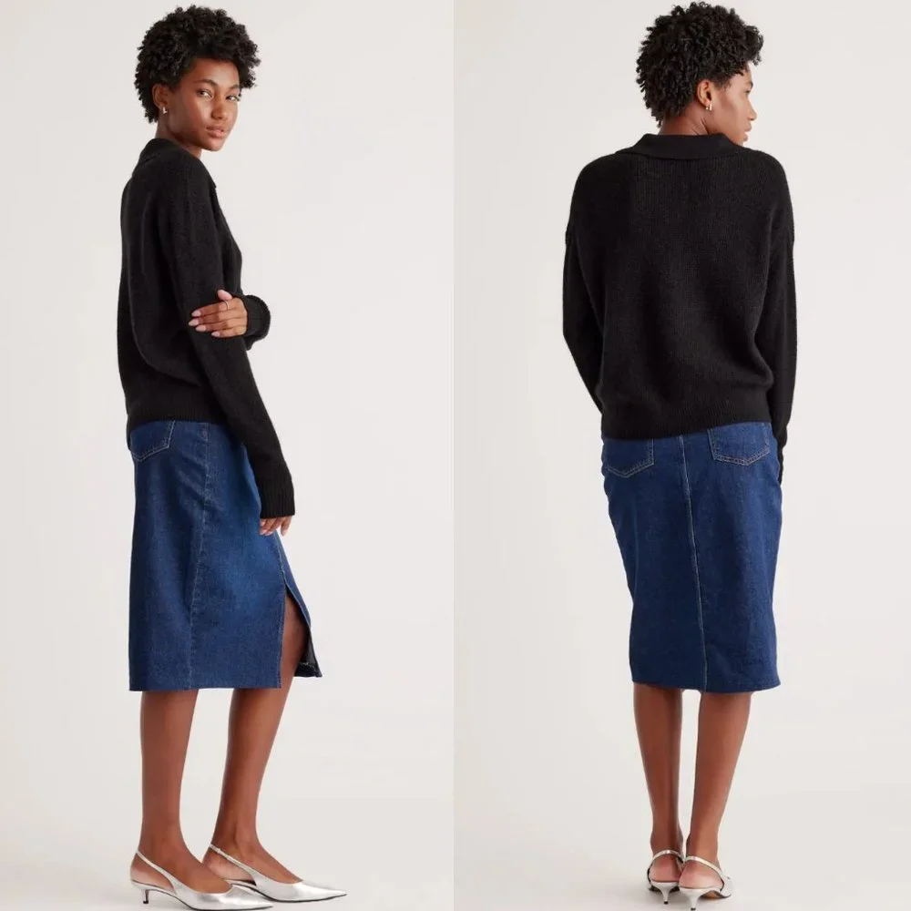 Quince | NEW Baby Alpaca-Wool Waffle Stitch Polo Sweater in Black Size XL - Picture 2 of 11